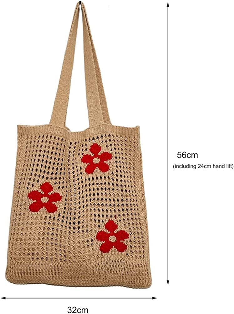 CoCopeaunt Crochet Bags for Women Knitted Tote Bag Faircore Hobo Bag Aesthetic Fairy Grunge Tote Bag Hollow Shoulder Handbags