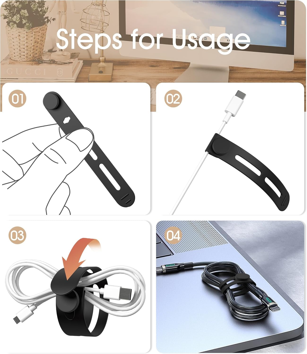 40Pcs Reusable Cable Ties, Adjustable Silicone Cord Organizer Small Zip Ties for Charging Cords Earphone Computer Wire, Office Desk Cable Management Travel Accessories(White&Black)