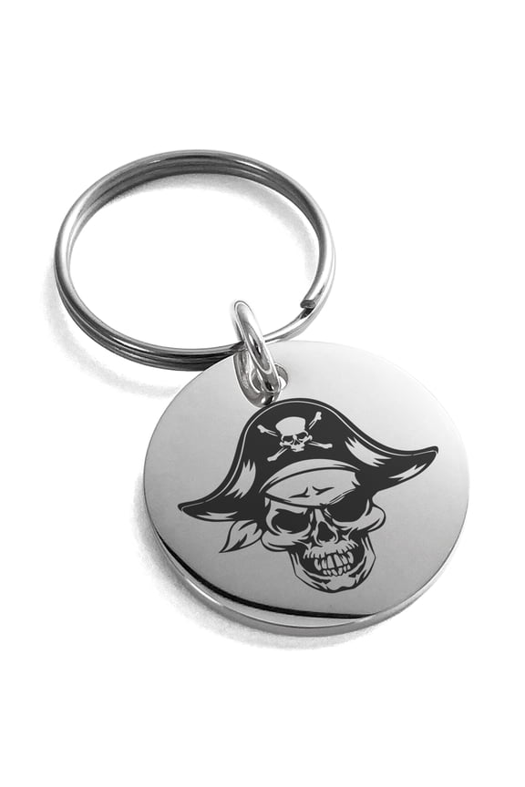 Stainless Steel Pirate Captain Skull Engraved Small Medallion Circle Charm Keychain Keyring