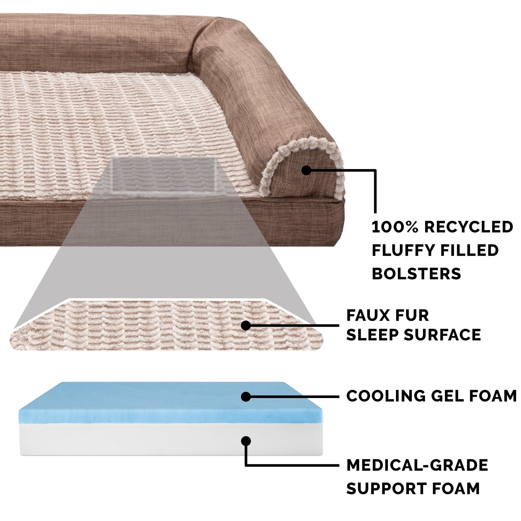 FurHaven Luxe Fur & Performance Linen Cooling Gel-Top Sofa Pet Bed, Woodsmoke, Jumbo, 1 Count