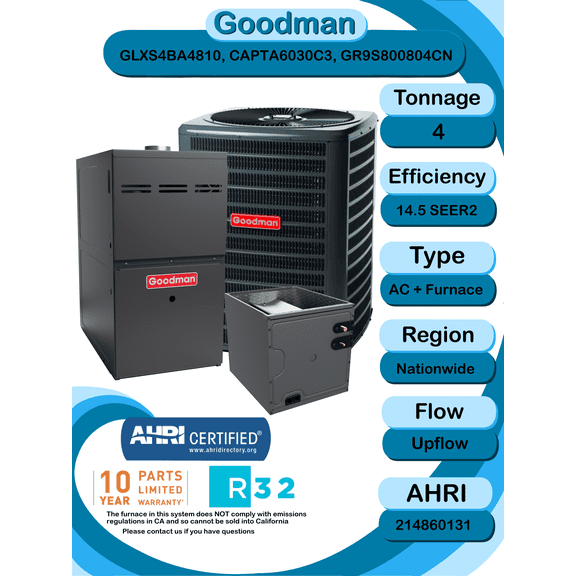 Goodman 4 ton 14.5 SEER2 Complete Split System with upflow coil and single stage 80% AFUE 80k BTU furnace with install accessories! (GLXS4BA4810 CAPTA6030C3 GR9S800804CN)