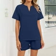 thumbnail image 4 of QUNYINEY 2 Piece Comfy Pajamas for Women Set Short Sleeve Blue Shirts And Shorts V Neck with Pockets Drawstring Womens Loungewear Sets, 4 of 8
