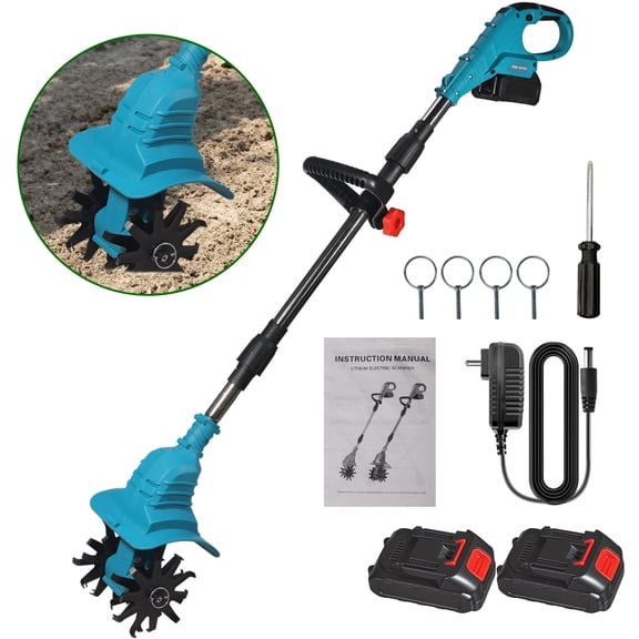 KingFurt 21V Cordless Tiller Cultivator, 2x 2.0Ah Batteries, 330RPM Electric Garden Rototiller for Soil, Weeding, Vegetable Plots