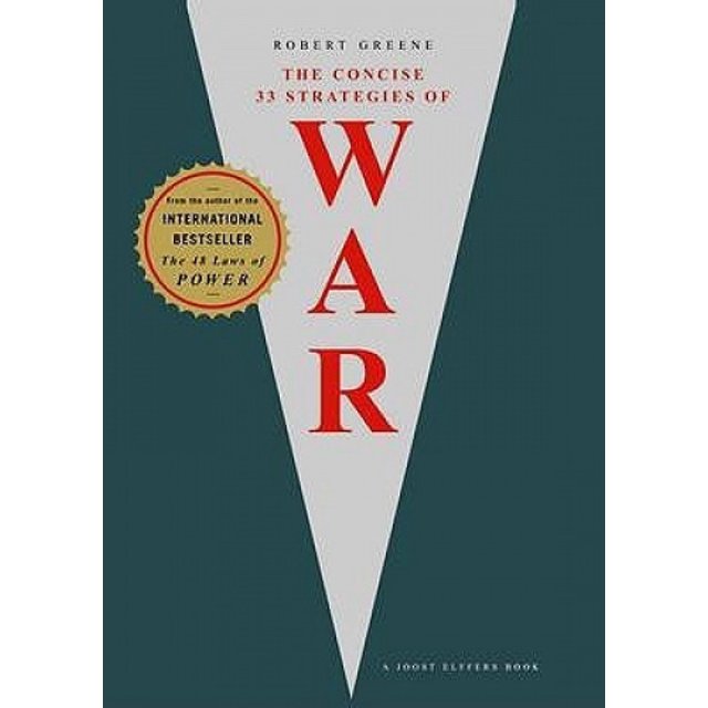 The Concise 33 Strategies of War book by Robert Greene, part of The Robert Greene Collection. The cover features a bold red title 'WAR' on a triangular white background with a dark grey backdrop. A gold badge highlights its status as an international bestseller.