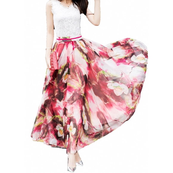 Afibi Women Full/Ankle Length Blending Maxi Chiffon Long Skirt Beach Skirt (Small, Design F)