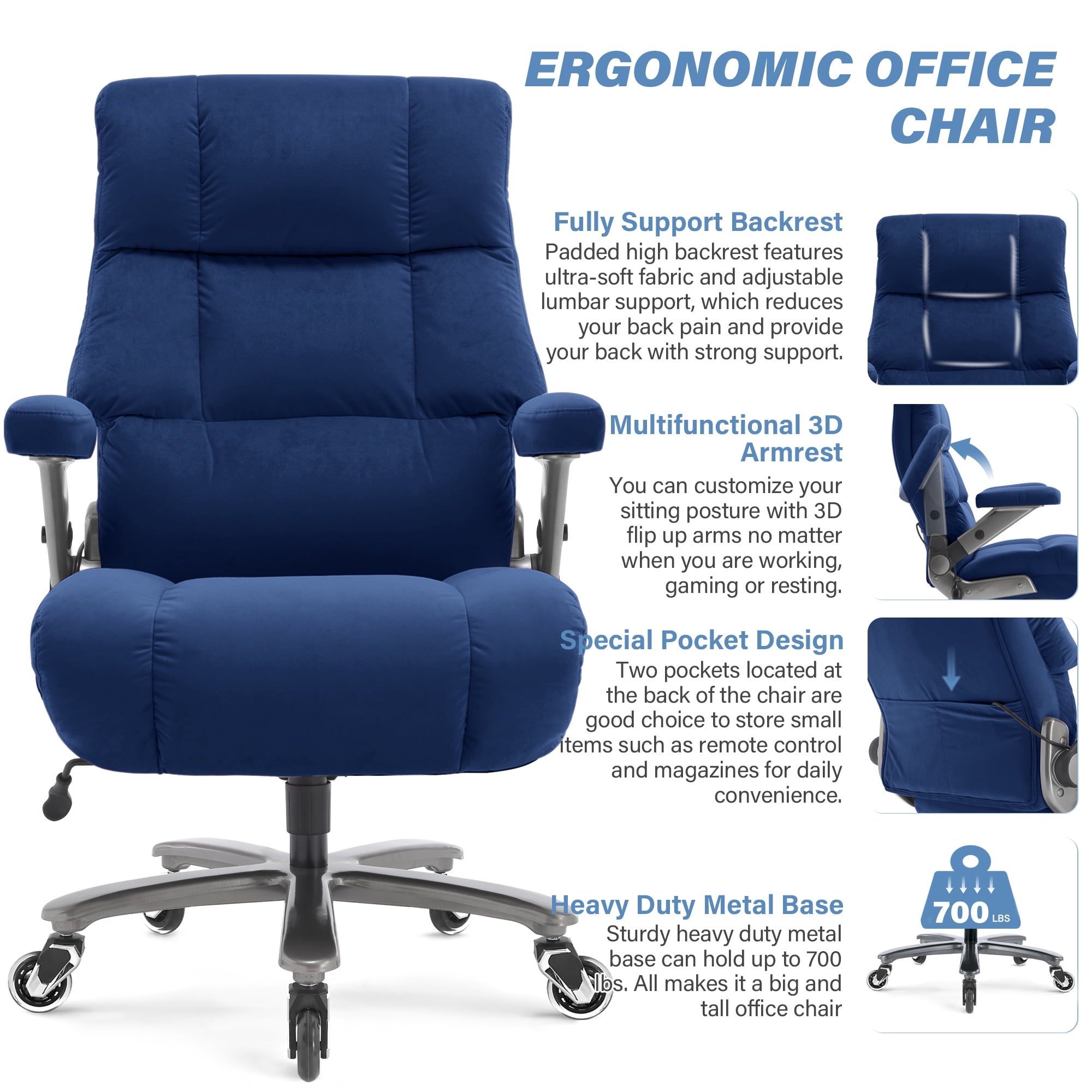 Big and Tall 700lbs Office Chair, Ultra-Soft Fabric Executive Desk Chair, Ergonomic Computer Chair with 3D Flip Up Arms, Adjustable Lumbar Support, Heavy Duty Metal Base and Quiet Rubber Wheel, Blue