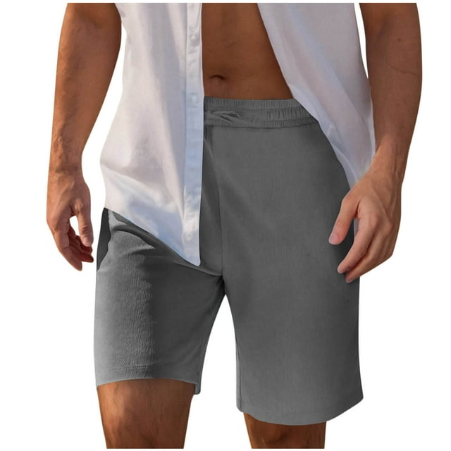 YanHoo Men's Linen Beach Shorts 7 Inch Drawstring Elastic Waist Summer Shorts with Pocket