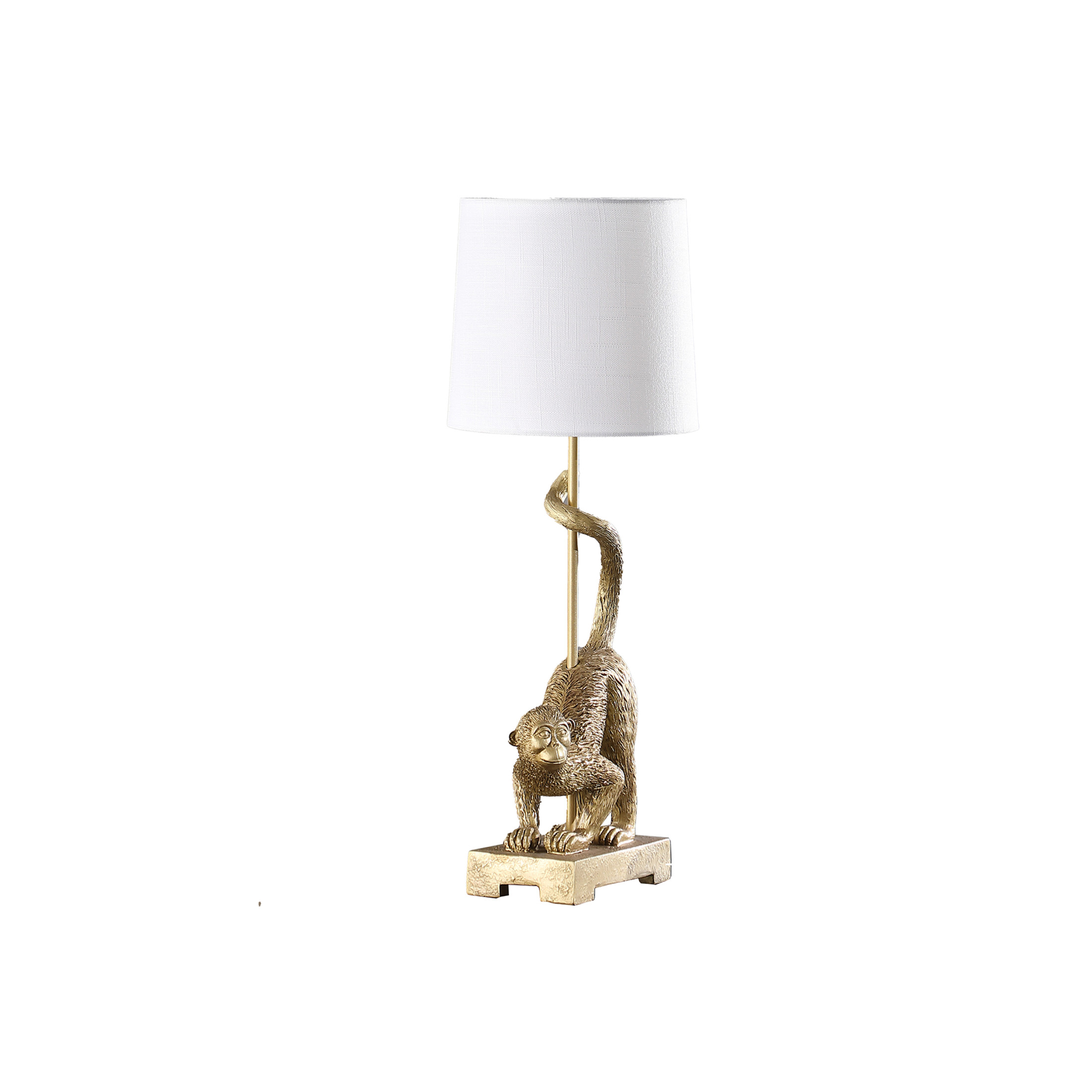 Noble House 24" Old World Capuchin Monkey Table Lamp, Polyresin Figurine, Semi-Drum Shade, E26 Bulb, Golden White
