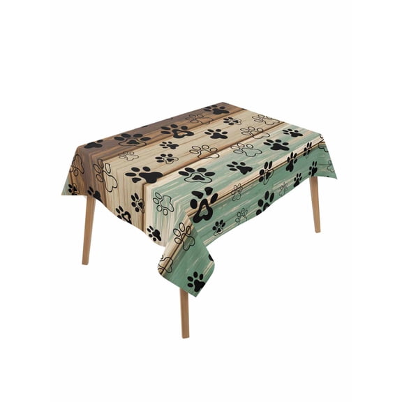 Teal Brown Table Cloth, Pet Paw Printed Farmhouse Dog Claws Wood Grain Waterproof Tablecloth for Rectangle Tables, Reusable Washable Fabric Table Cover for Restaurant Kitchen Dining Tables 60"x84"