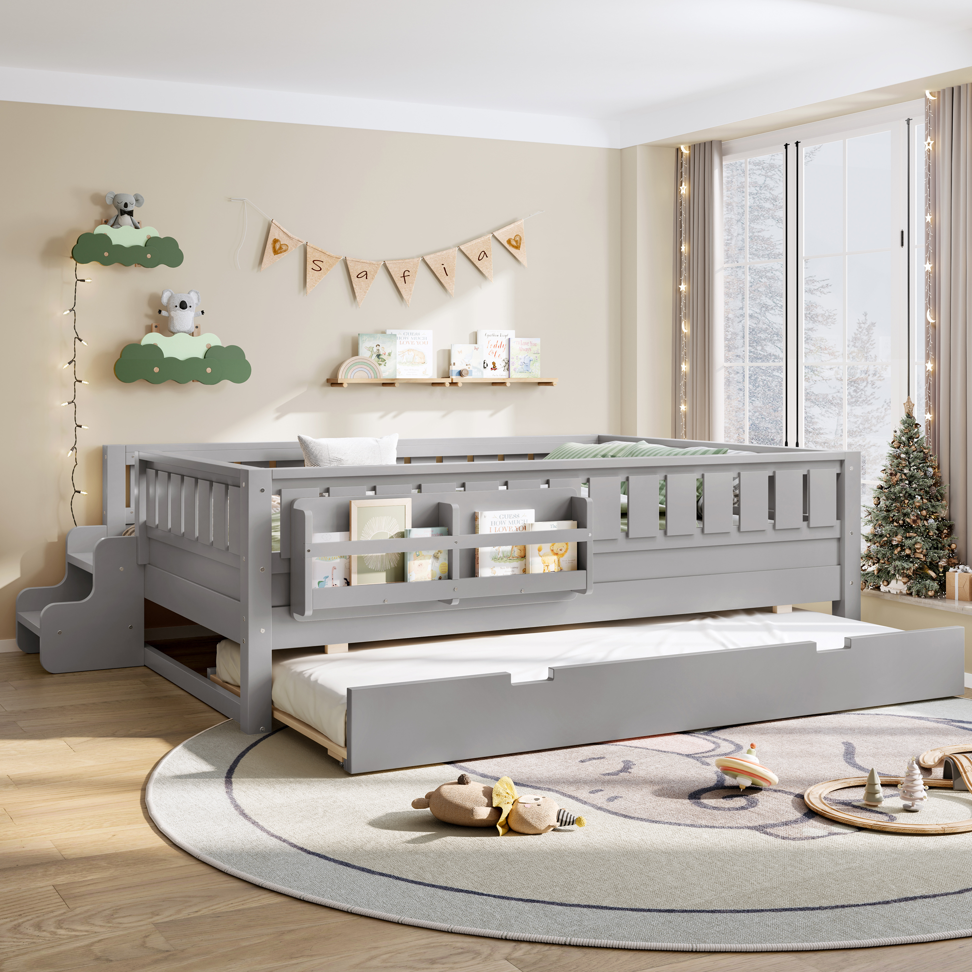 Full With Built-In Bookshelves And Small Staircase, High-Quality Safety Rails