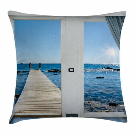 Beach Themed Patio Beach Theme Decor Throw Pillow Cushion Cover, Coastal Decor Ocean Sea Sunny Scenery with Patio from Window, Decorative Square Accent Pillow Case, 18 X 18 Inches, Light Blue and White, by Ambesonne ()