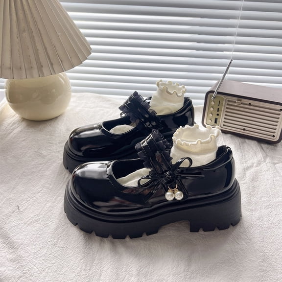 Girls Mary Jane Platform Shoes Bow Pearls Lace Lug Sole Chunky Heel Shoes Kids Trendy Hook and Loop Dress Footwear Black 11.5 Little Kids