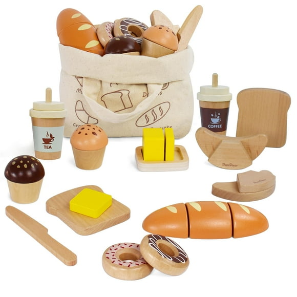 Juego de juguetes para panadería y comida, madera de pera con bolsa de compras, más de 3 años