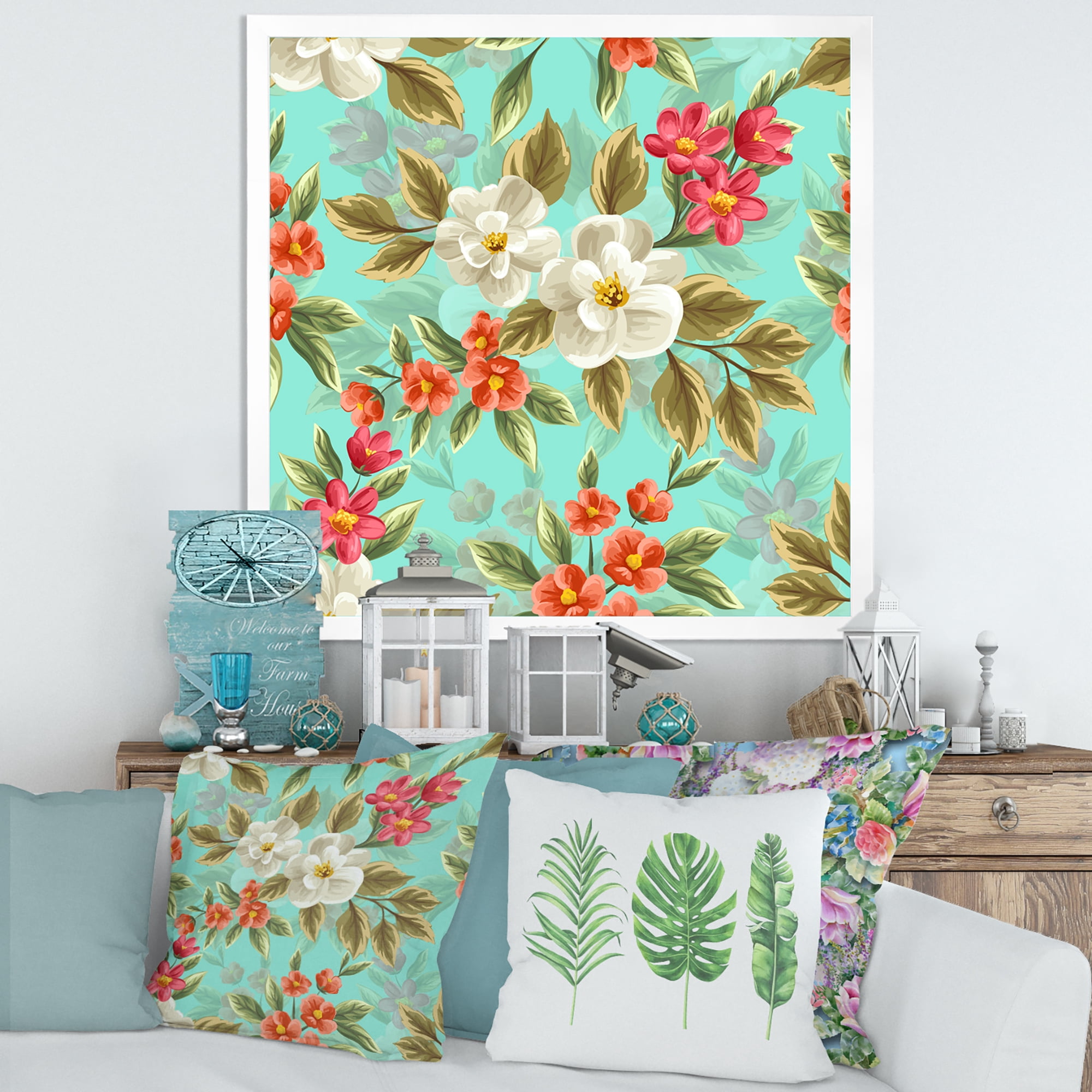 Designart 'Red and White Floral Seamless Pattern' Traditional Framed Art Print