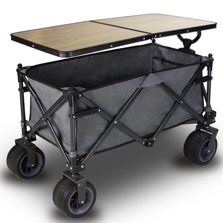 TMZ Collapsible Folding Wagon Cart, Outdoor Utility Garden Cart, Heavy Duty Camping Wagon with Folding Table Board, Foldable Wagon for Sports, Shopping, Fishing and Beach(Grey)