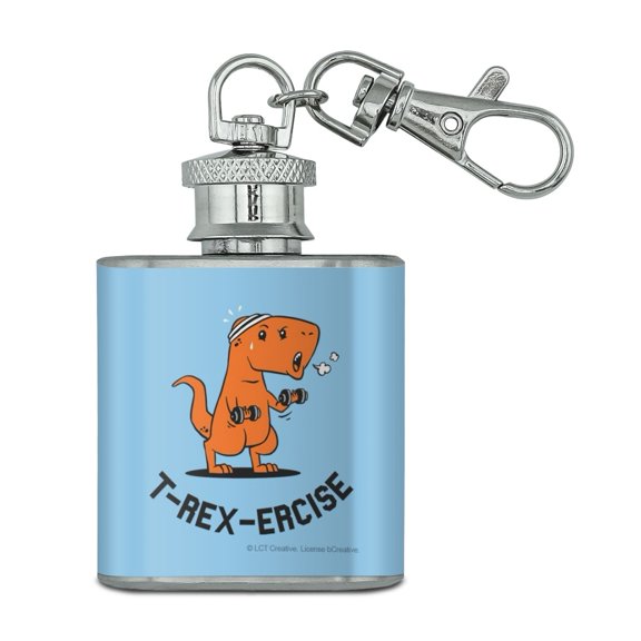T-Rex-Ercise Exercise Dinosaur Funny Humor Stainless Steel 1oz Mini Flask Key Chain