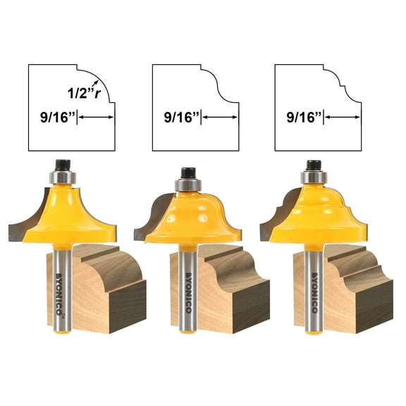 Yonico 13322q 3 Bit Edge Molding Router Bit Set with Large Designer 1/4' Shank