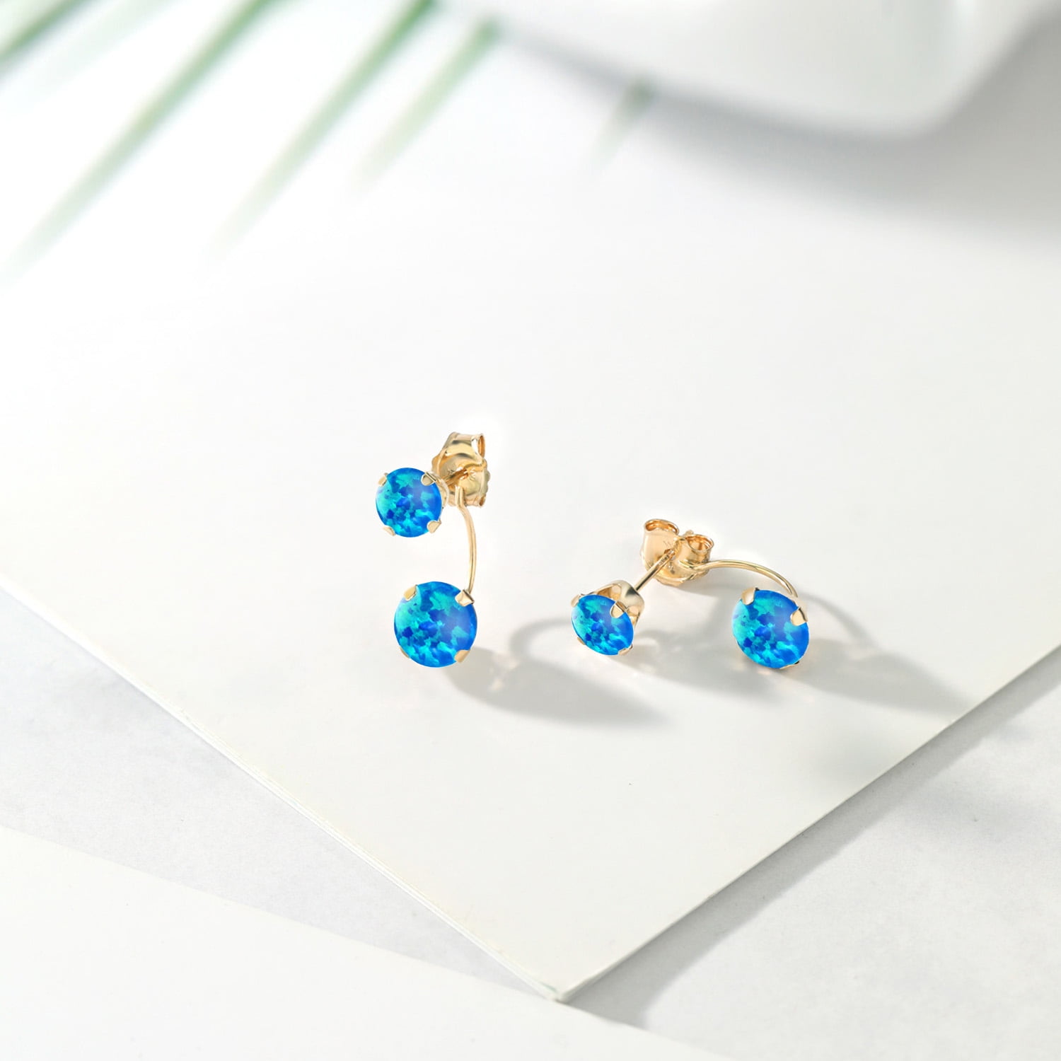 Gem Stone King 14K Yellow Gold Simulated Blue Opal Stud Earrings for Women | 1.14 Cttw | Gemstone October Birthstone | Round Cabochon 6MM