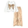 thumbnail image 3 of Girls 2 Piece Casual Outfit Set, Bow Print Long Sleeve Top and Cargo Flare Pants, Comfortable Summer Clothes for Children Daily | Akmoler,Beige 12-13 Years, 3 of 8
