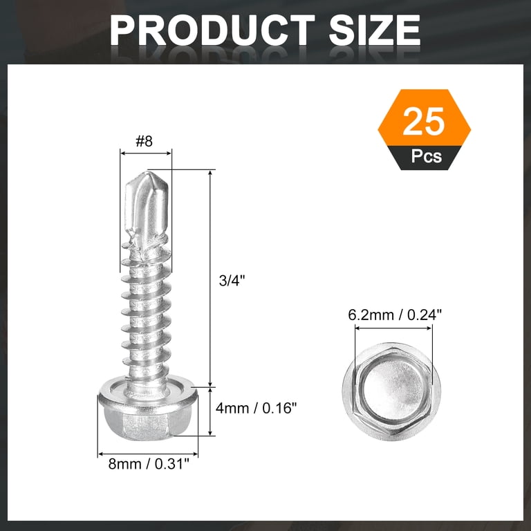 IMScrews 25-Pack #8 X 3/4" Stainless Hex Washer Head Self-Drilling Tek Screws – 410 Stainless Steel, Full Thread