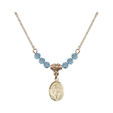 Saint Nicholas Medal 18-Inch Hamilton Gold Plated Necklace with 4mm Blue March Birth Month Stone Beads and Saint Nicholas Charm ()