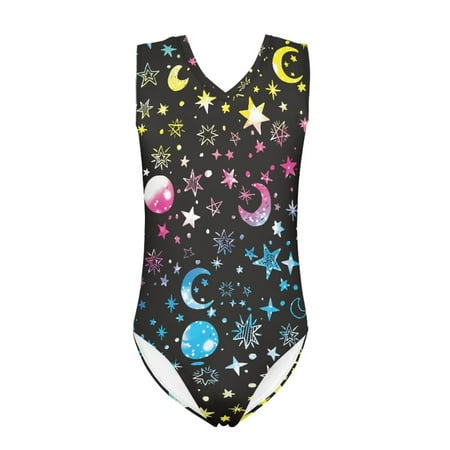 FOR U DESIGNS Colorful Moon Star One-Piece Swimsuit for Swimming Surfing Stretchy Sleeveless Dancing Bodysuit Skin-Friendly V Neck Bathing Suit for Girls 9-10T