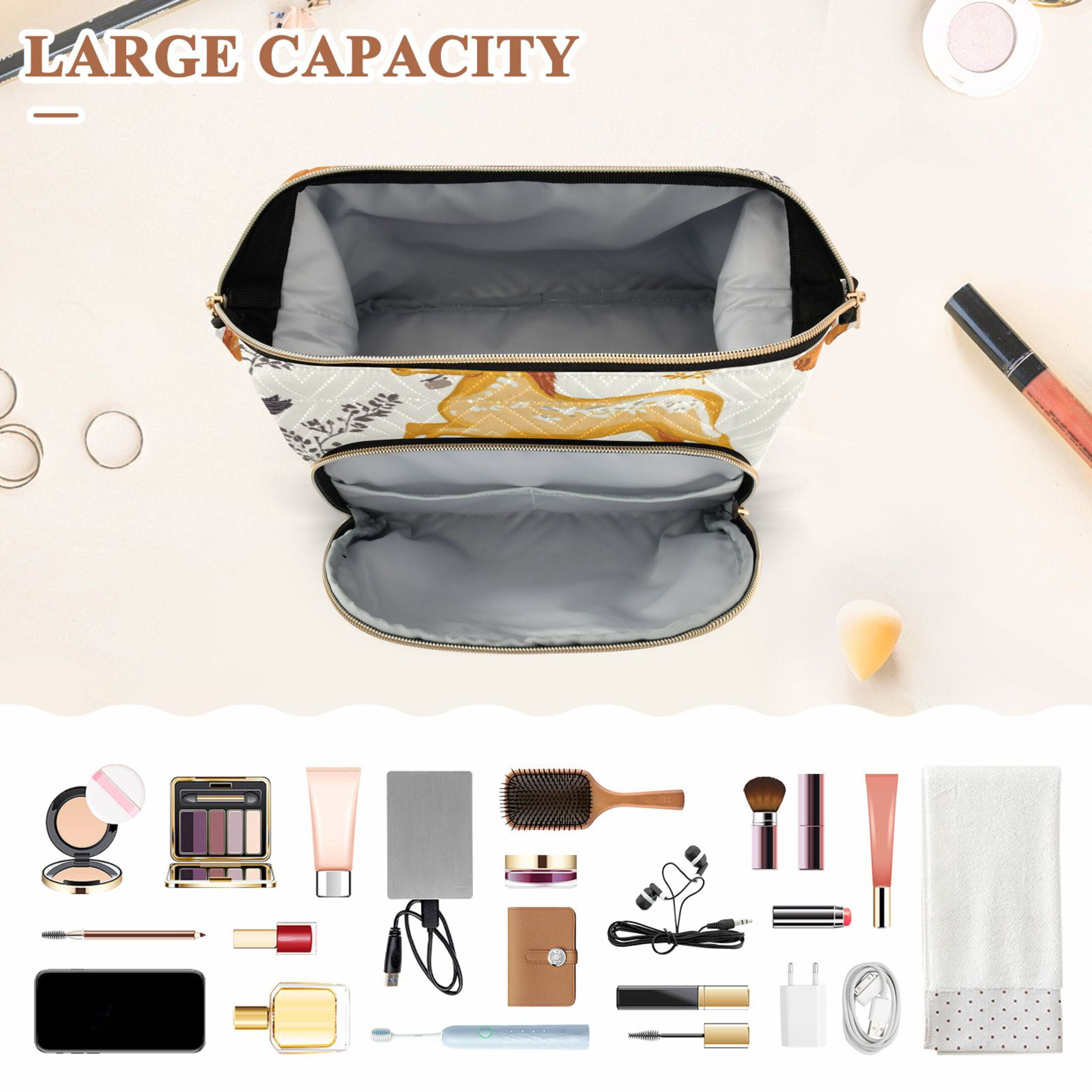 Wavy Quilted Cosmetic Bag Large-Capacity Travel Toiletry Organizer Includes 9-Piece Portable Travel Bottle Set Horse with Leaves