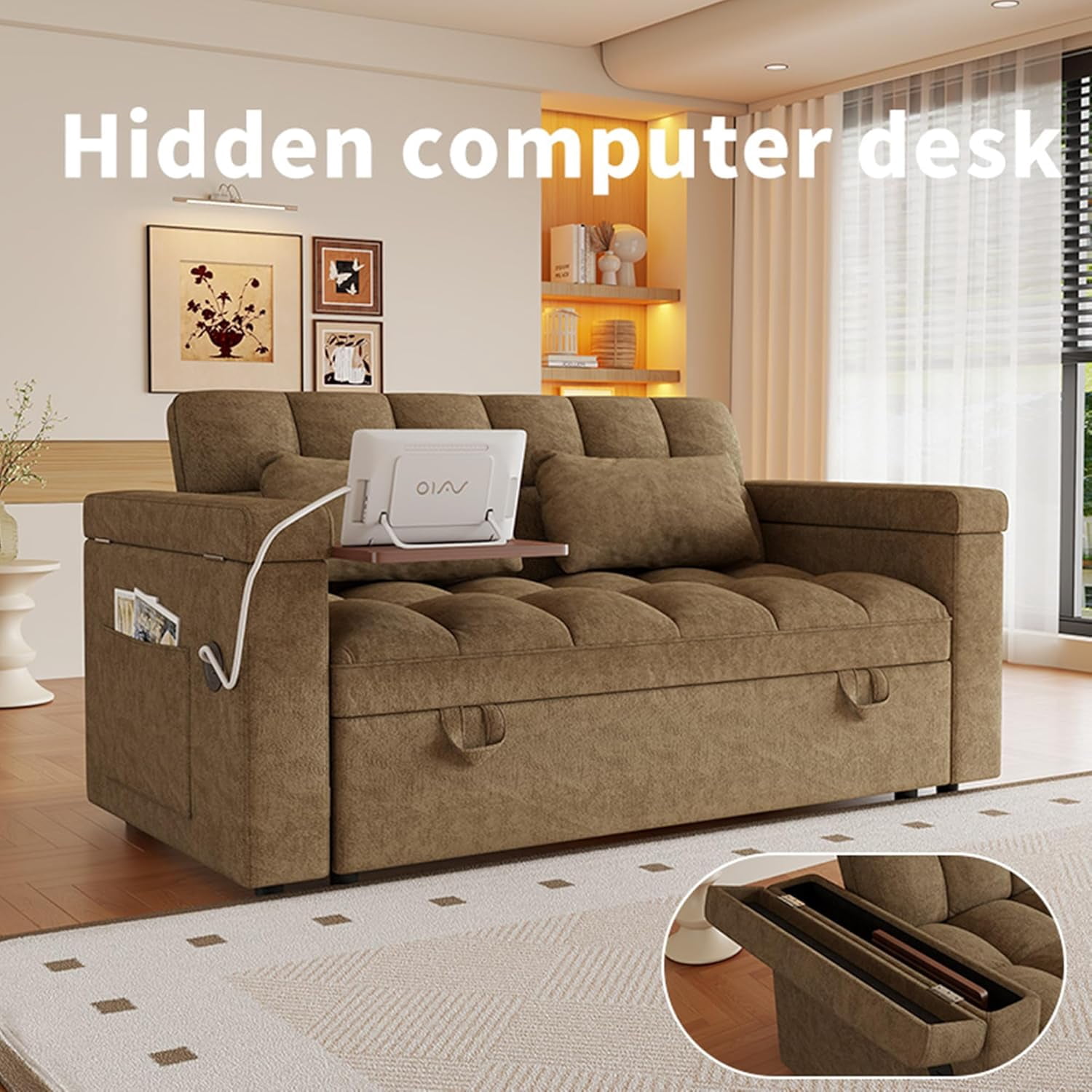 3 in 1 Convertible Sleeper Sofa,Sleeper Couch with Pull Out Bed, Storage Armrests and Laptop Table for Living Room,Sleeper Sofa, Pullout Couch Bed