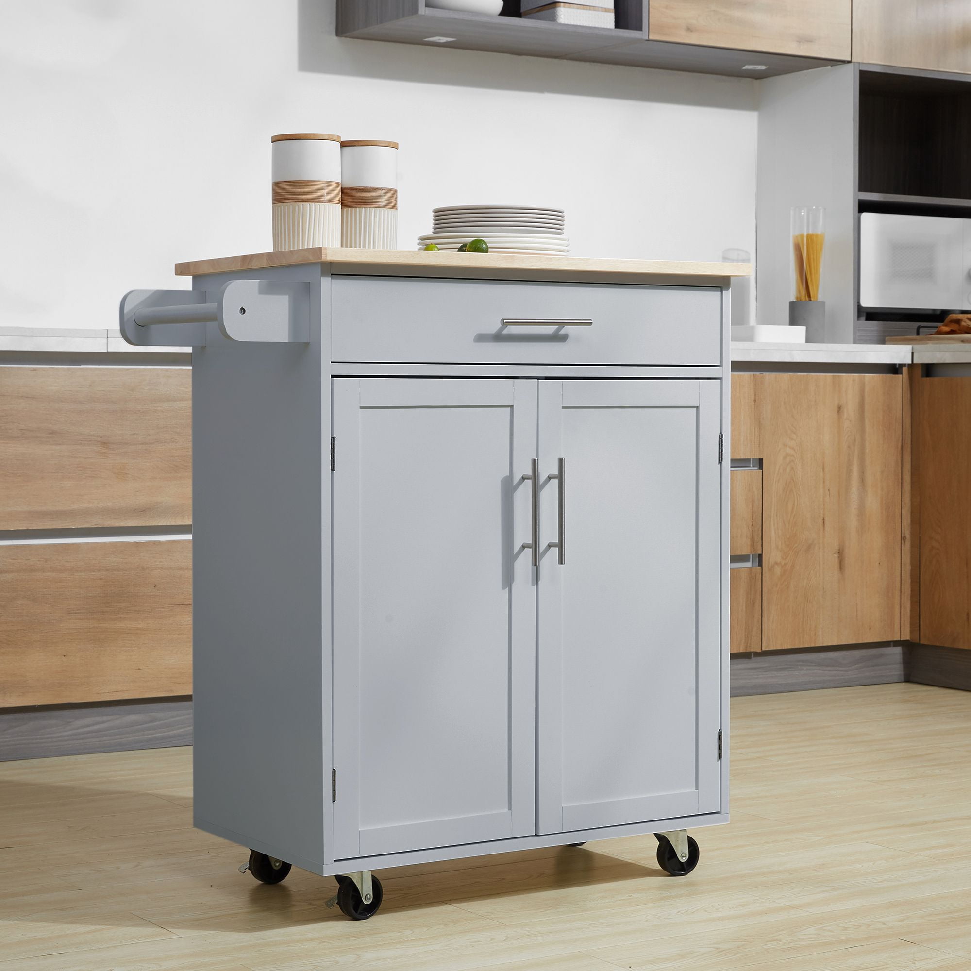 Rolling Kitchen Island Cart with Rubberwood Countertop, Drawer & Adjustable Cabinet Shelf, Mobile Storage Trolley with Towel Rack Lockable Wheels for Dining Room