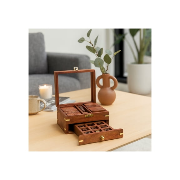 3 In 1 Decorative Classic Game Set for Tabletop Decor - Fun Game for Family Night Gathering for Living Room Decor - Domino or Tic Tac Toe Games for Coffee Table Accent - 3", Brown & Gold