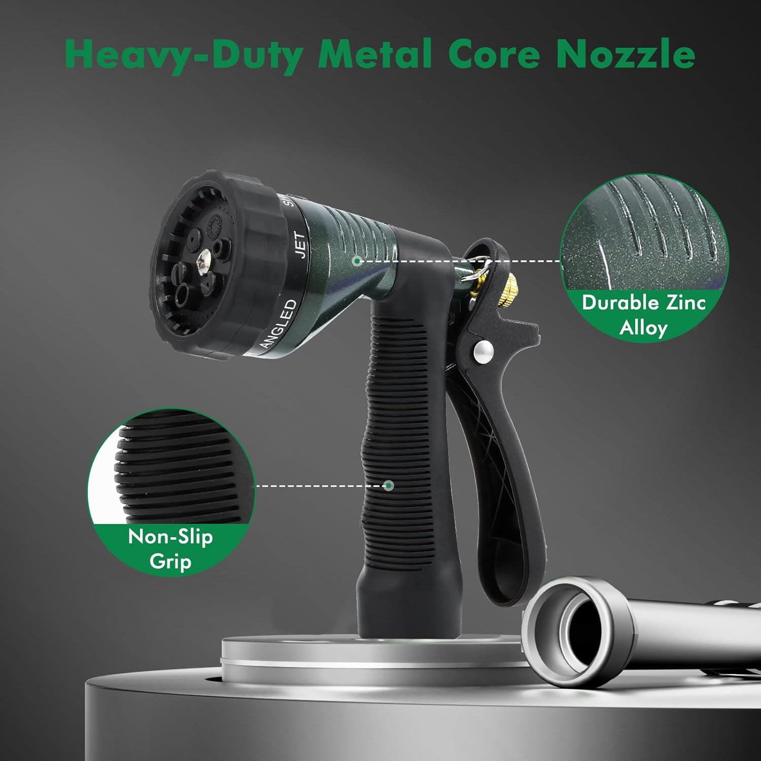 Garden Hose Spray Nozzle, Water Hose Nozzle Heavy Duty, High Pressure Hand Sprayer with 6 Adjustable Watering Patterns, Slip Resistant for Watering Plants, Car Washing & Pet Showering, Green