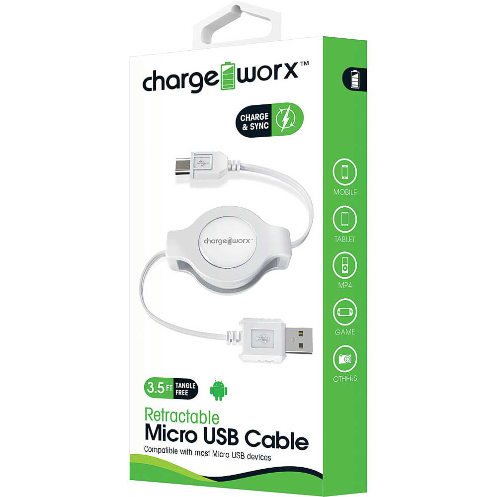 White Micro-USB Sync & Charging Retractable Data Cable 