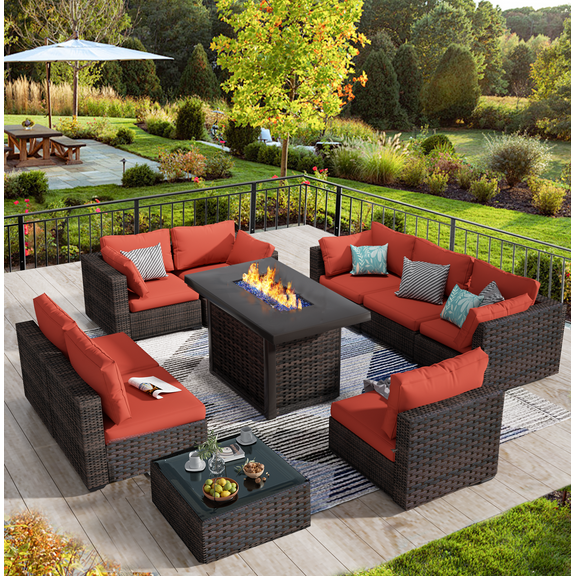 TANGJEAMER 10 Piece Patio Furniture Set with Fire Pit Table, All Weather Outdoor Sectional PE Rattan, Patio Conversation Sets with Cushions and Glass Coffee Table for Garden Lawn Balcony, Red