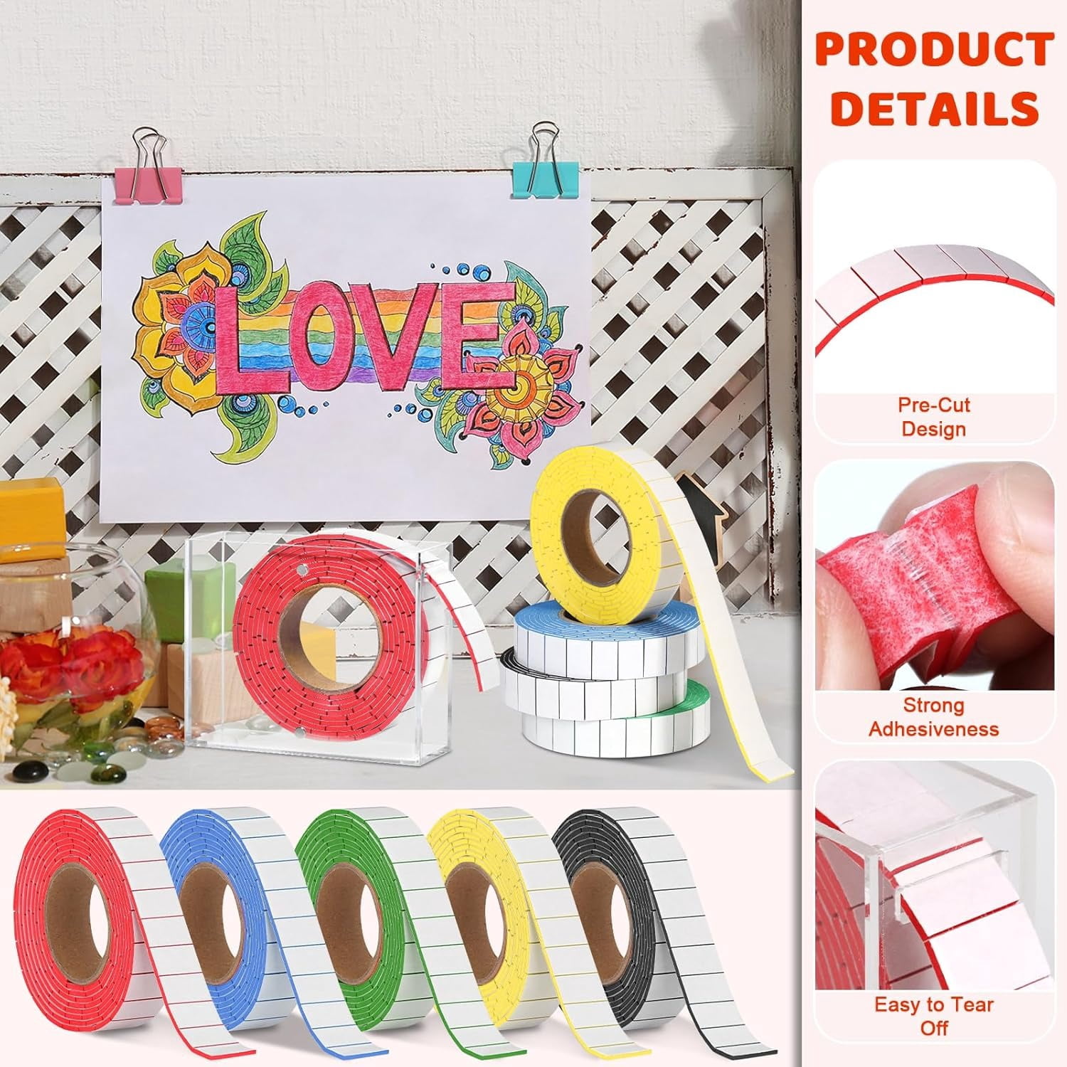 5 Roll Double Sided Foam Tape for Crafts 0.75 x 0.47 Inch Pre-Cut Foam Mounting Tape with 1 Acrylic Storage Box Square Foam Dots Double Sided Adhesive Fit Arts Sewing DIY (5 Roll White+Box)