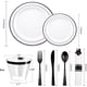 thumbnail image 2 of 350 platos de plástico plateados: cubiertos desechables. Incluye: 50 platos de cena de 10,25”, 50 platos de postre de 7,5”, 50 vasos con borde plateado de 9 oz, 50 servilletas preenrolladas con, 2 of 8