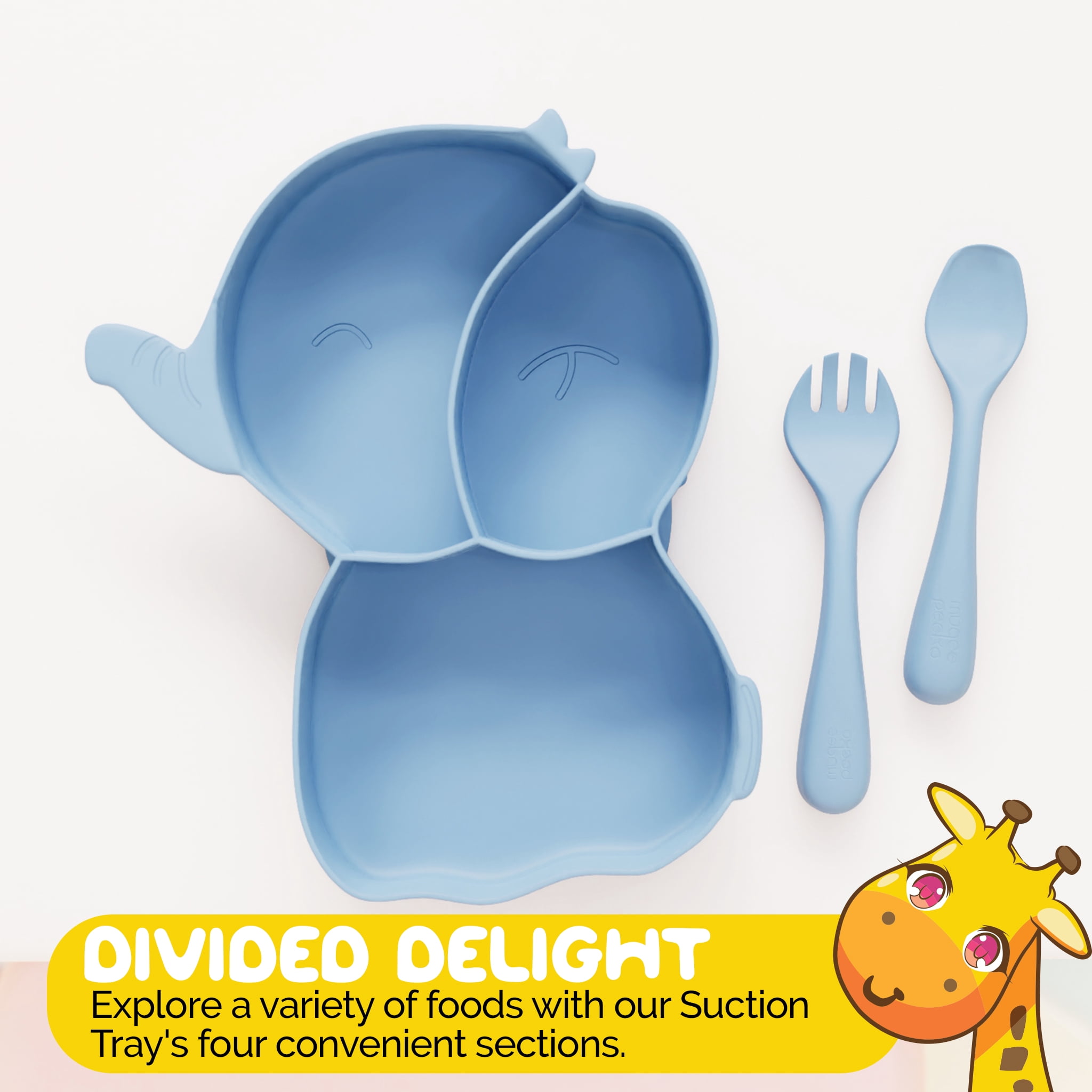 Baby Dinner Set in Blue color Cute Elephant Shape including Suction Tray and Utensils by Muqee Peeko - (3 Piece Set)