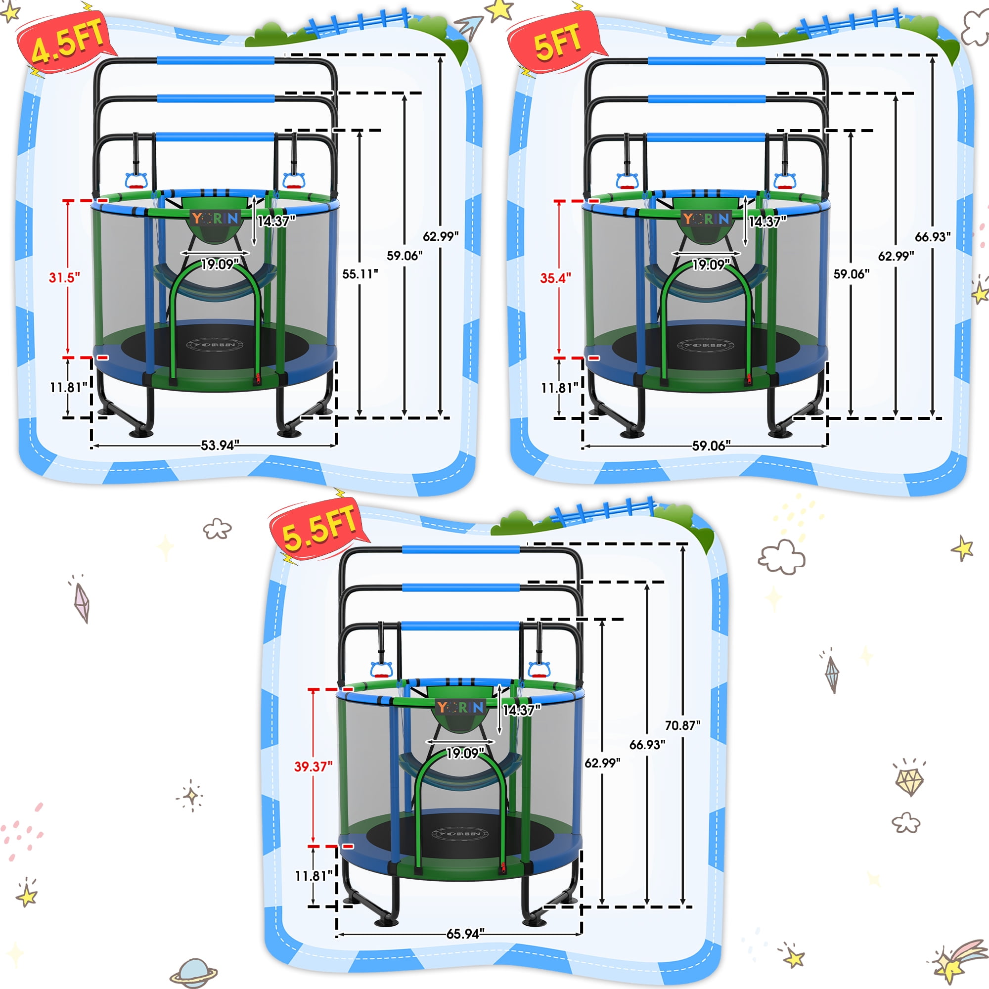 YORIN Trampoline for Kids, 55'' Toddler Mini Trampoline with Enclosure Net, Basketball Hoop, 4.5FT Indoor/Outdoor Kids Trampoline with Swing, Adjustable Gymnastics Bars, Gifts for Boys Girls, 500LBS