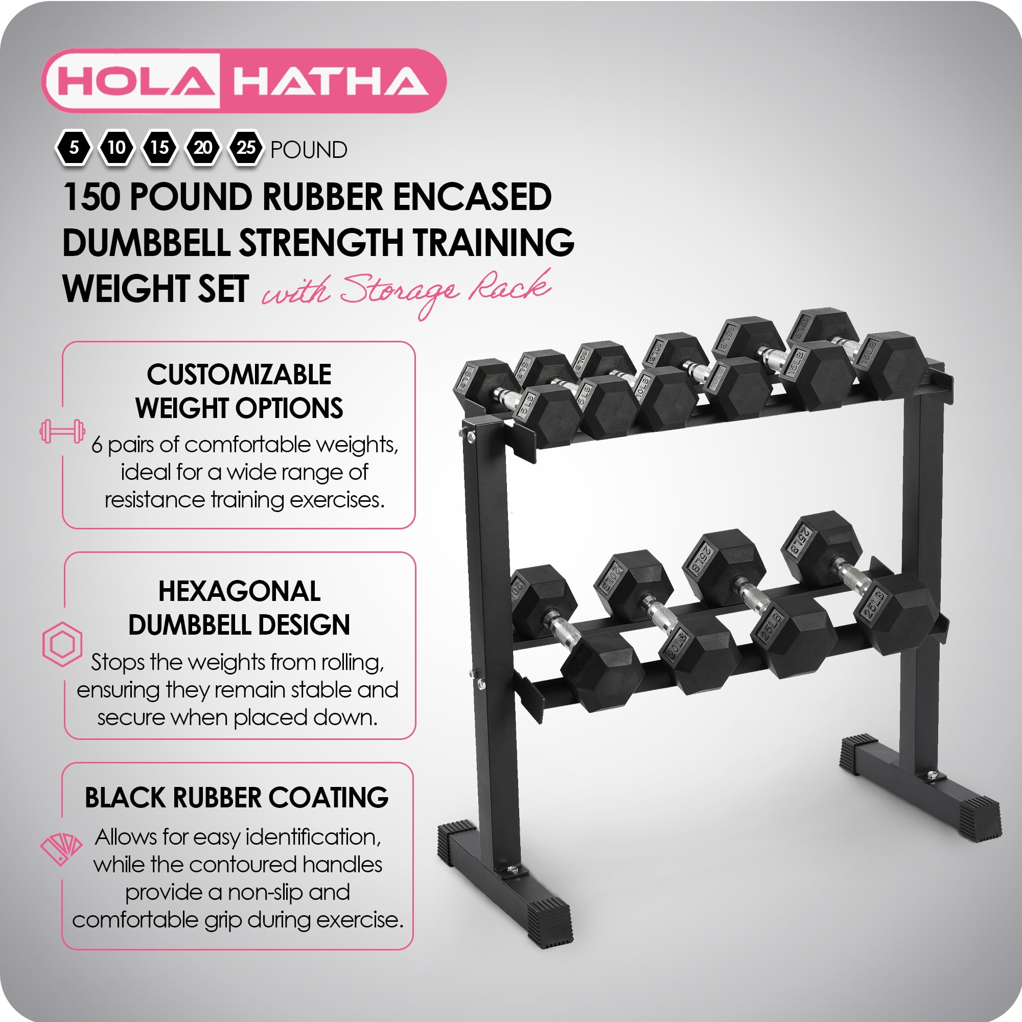 HolaHatha 5, 10, 15, 20, and 25 Pound Rubber Encased Weight Set with Rack