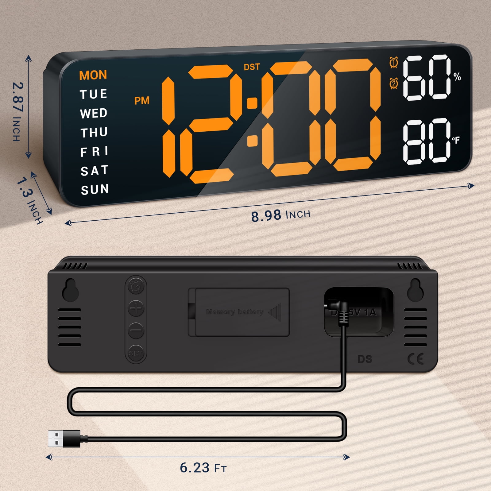 10" Digital Wall Mount Clock: Dual Alarm Wall Mount Decor Clock for Living Room Classroom Office Desk, House Warming Gifts New Home Decor, Orange