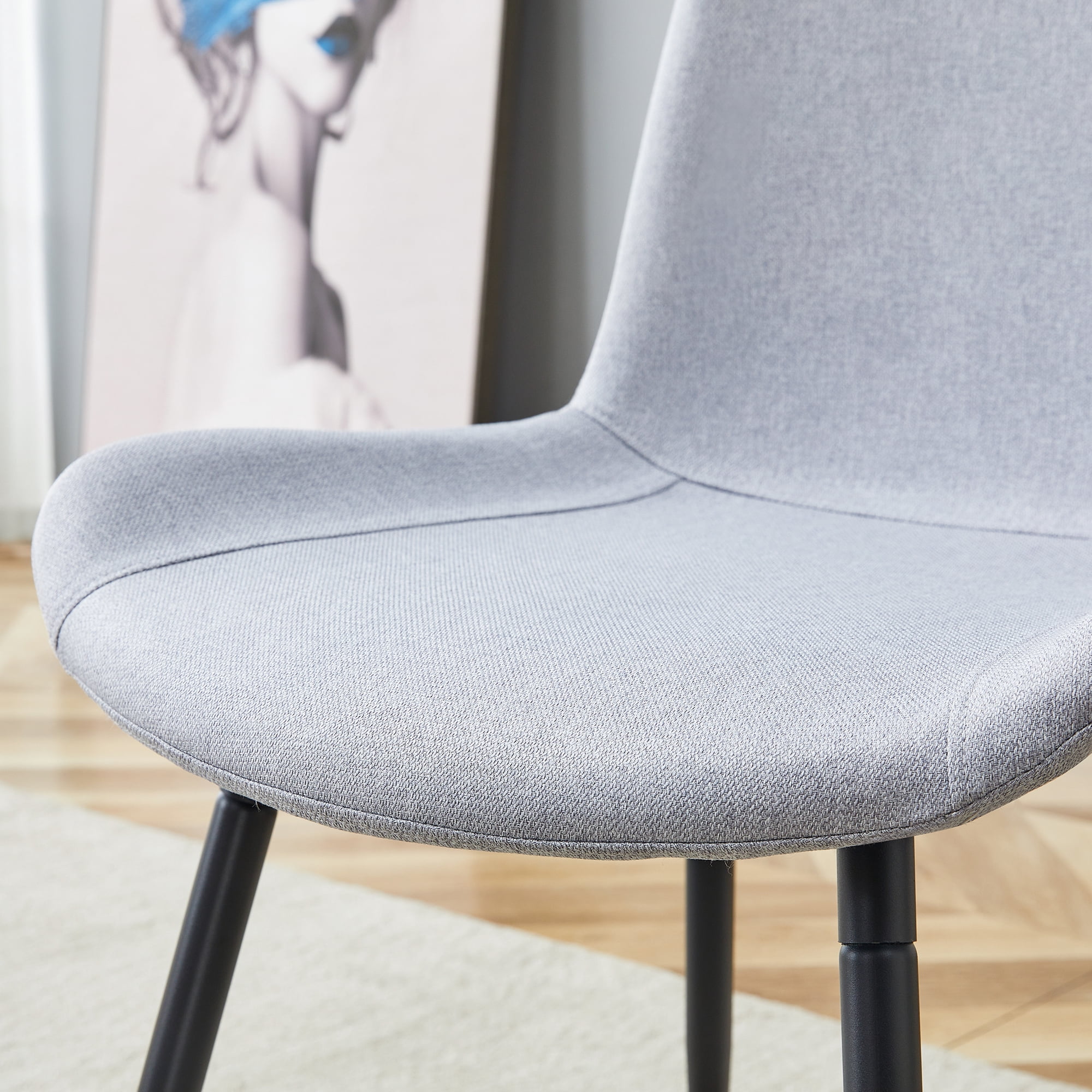 TesNus Light Grey Linen-Cotton Dining Chairs Set of 4, Upholstered Modern Seat with Black Metal Legs for Dining Room Kitchen