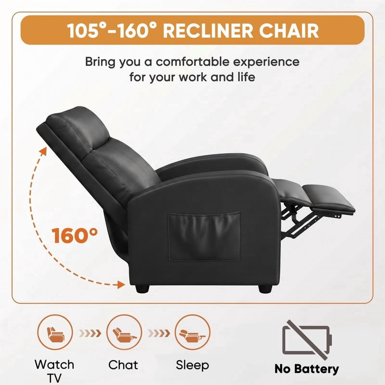 Vineego Massage Recliner Chair Small Places Single Sofa Adjustable Home Theater Seating with Side Pockets for Living Room,PU Black