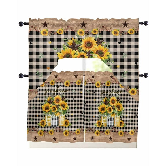 Sunflower Kitchen Curtains Swag Valance and Tier Curtains Set 36 Inch Length, Black White Plaid Farmhouse Stars Rod Pocket Drape Panels Pair Swag Curtain for Bathroom/Cafe/Window