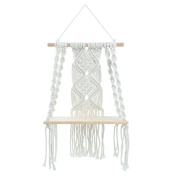Estante colgante de pared de macramé, bohemio, decorativo, flotante, de madera, para colgar plantas, hecho a mano, con cuerda de algodón tejida, para decoración del hogar