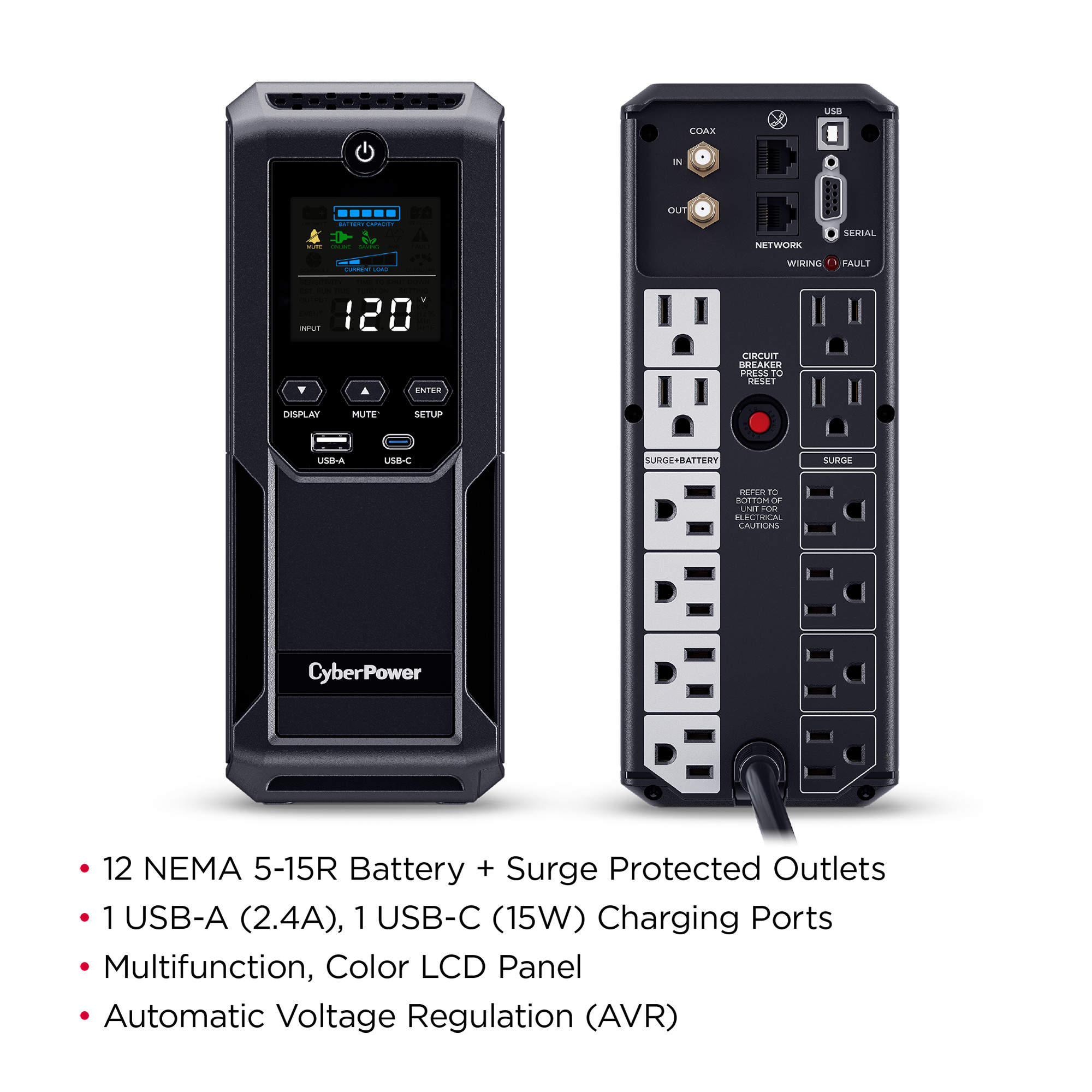 CyberPower CP1500AVRLCD3 UPS, 1500VA/900W, 120V, 12 Outlets, LCD Display, AVR, 6 ft Cord, Black