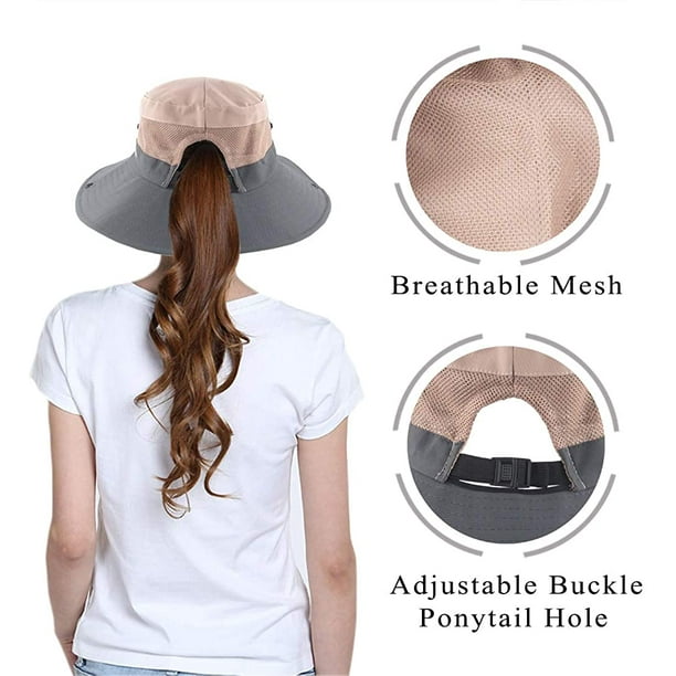 Women's Sun Hat Ponytail-Hole Fishing Hat Beach Hat UV Protection Foldable Hat for Outdoor Yard Mesh Wide Brim Bucket Hat
