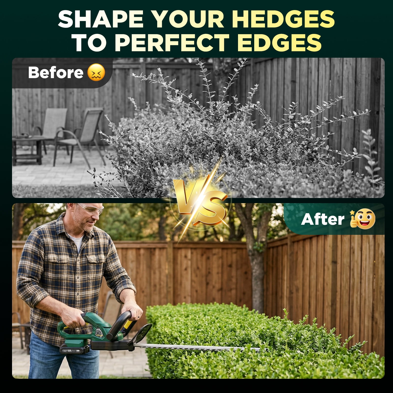 Saker 22V Cordless Hedge Trimmer, 20-Inch Handheld Electric Trimmers with Dual-Action Blades, 2x 2000mAh Batteries for Shrubs & Trees