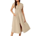 thumbnail image 5 of Uscallm Women's Summer Casual V Neck Short Sleeve Midi Dresses Flowy A-Line Zip Boho Beach Vacation Solid Maxi Sundresses, Khaki L, 5 of 9