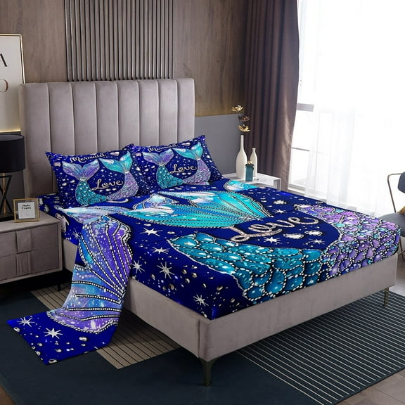 Erosebridal Mermaid Princess Bed Sheets Set Twin Size, Bling Fish Tail Bed Sheets Twin, Marine Twin Sheet Sets, Microfiber Bedroom Decorative, 3pcs