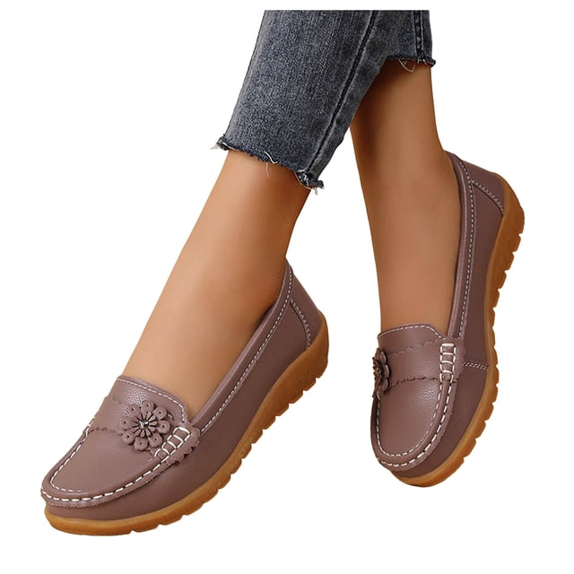 Mocassins à Enfiler pour Femmes à Talon Compensé Bas avec Fleurs, Chaussures de Marche Confortables en Cuir Souple, Chaussures de Plage, de Robe et de Travail