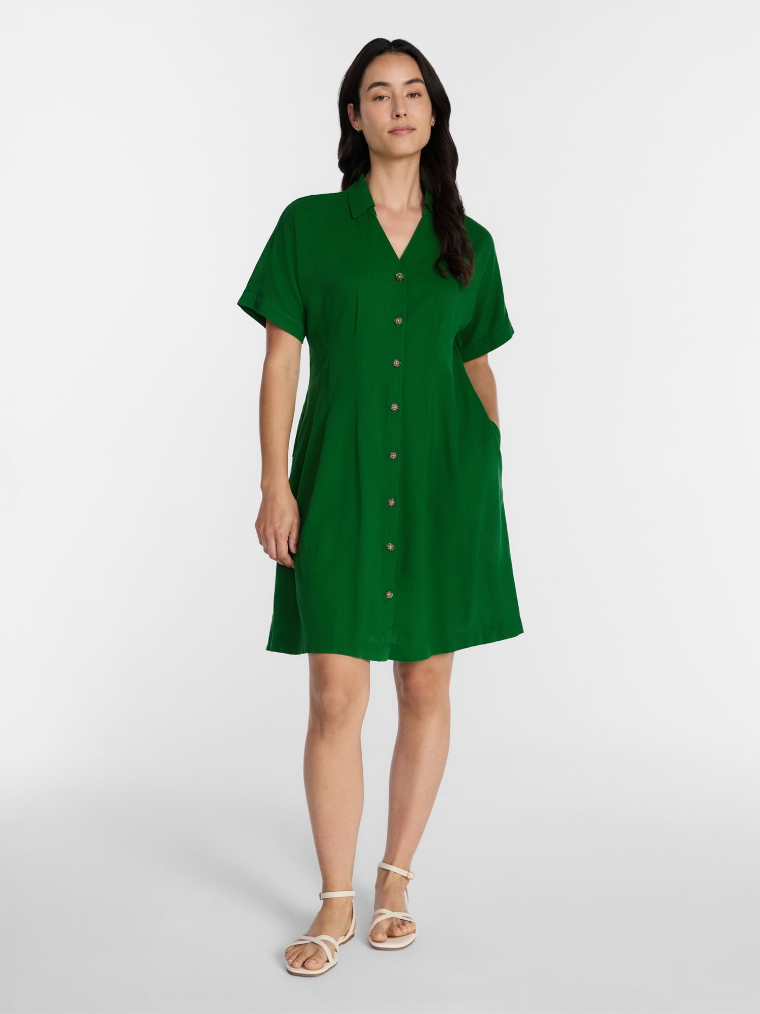 Time and Tru Women's Linen Pleated Waist Fit And Flare Mini Shirt Dress, Sizes XS-XXXL